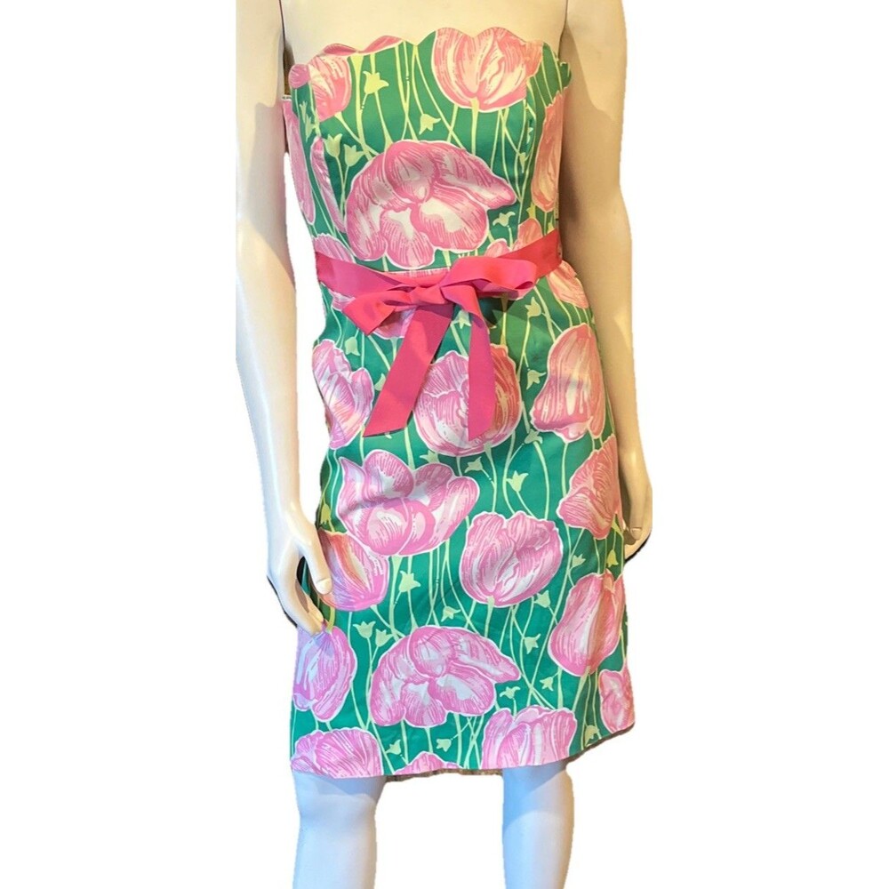 Lilly Pulitzer Sienna Dress Pink & Green Towering Tulip Strapless Dress Size 2